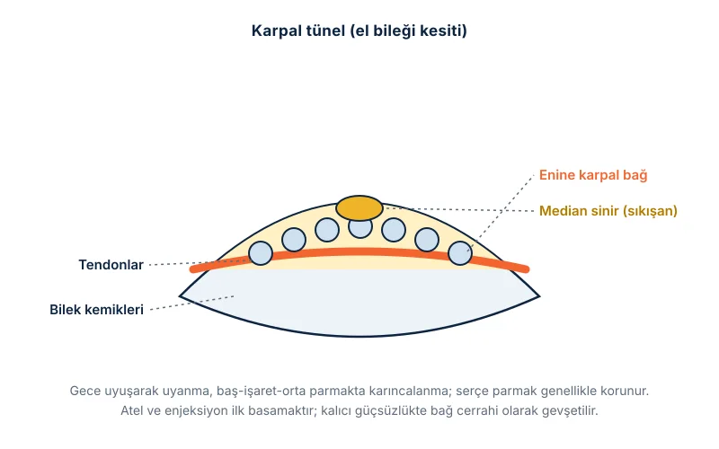Karpal tünel: el bileğinde bağ altından geçen median sinirin sıkışması