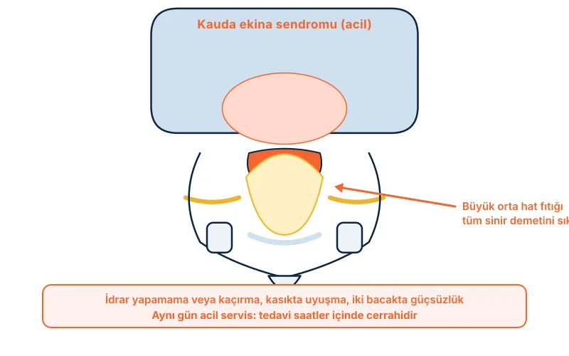 Kauda ekina sendromu: büyük orta hat fıtığının kanaldaki sinir demetinin tamamını sıkıştırması
